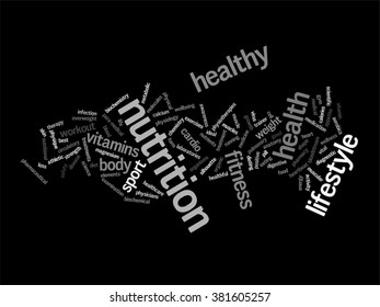 Vector concept or conceptual abstract word cloud on black background as metaphor for health, nutrition, diet, wellness, body, energy, medical, fitness, medical, gym, medicine, sport, heart or science