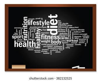 Vector concept or conceptual abstract word cloud on blackboard background, metaphor to health, nutrition, diet, wellness, body, energy, medical, fitness, medical, gym, medicine, sport, heart science