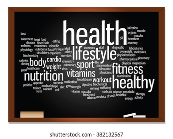 Concepto vectorial o nube conceptual abstracta de palabras en el fondo de la pizarra, metáfora a la salud, la nutrición, la dieta, el bienestar, el cuerpo, la energía, la salud, la aptitud física, la medicina, la medicina, el deporte, la ciencia del corazón