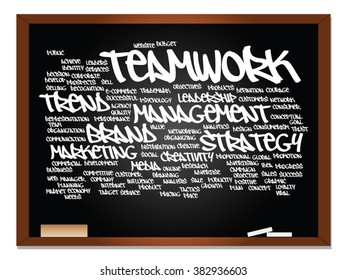 Vector concept or conceptual abstract word cloud on blackboard background as metaphor for business, trend, media, focus, market, value, product, advertising or customer. Also for corporate wordcloud