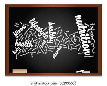 Vector concept or conceptual abstract word cloud on blackboard background, metaphor to health, nutrition, diet, wellness, body, energy, medical, fitness, medical, gym, medicine, sport, heart science