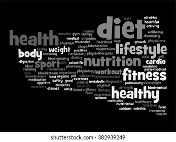 Vector concept or conceptual abstract word cloud on black background as metaphor for health, nutrition, diet, wellness, body, energy, medical, fitness, medical, gym, medicine, sport, heart or science