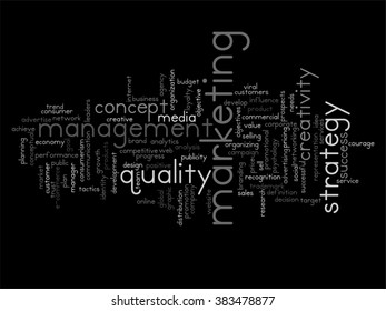 Concepto vectorial o nube conceptual abstracta de palabras sobre fondo negro como metáfora para negocios, tendencias, medios, enfoque, mercado, valor, producto, publicidad o cliente. También para la nube de palabras corporativa