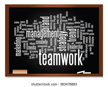 Vector concept or conceptual abstract word cloud on blackboard background as metaphor for business, trend, media, focus, market, value, product, advertising or customer. Also for corporate wordcloud