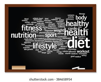 Concepto vectorial o nube conceptual abstracta de palabras en el fondo de la pizarra, metáfora a la salud, la nutrición, la dieta, el bienestar, el cuerpo, la energía, la salud, la aptitud física, la medicina, la medicina, el deporte, la ciencia del corazón