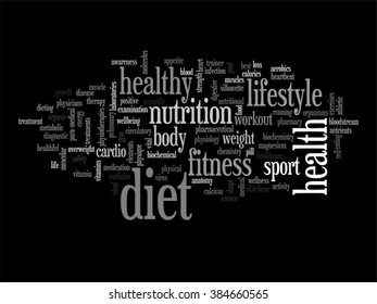 Concepto vectorial o nube de palabras abstracta conceptual sobre fondo negro como metáfora para la salud, la nutrición, la dieta, el bienestar, el cuerpo, la energía, la medicina, la aptitud física, la medicina, la medicina, el deporte, el corazón o la ciencia