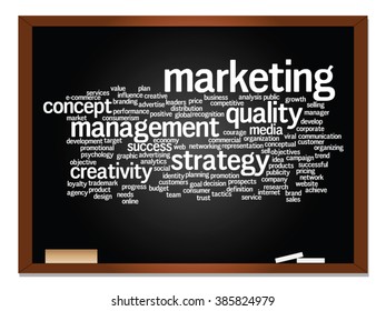 Vector concept or conceptual abstract word cloud on blackboard background as metaphor for business, trend, media, focus, market, value, product, advertising or customer. Also for corporate wordcloud