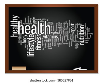 Concepto vectorial o nube conceptual abstracta de palabras en el fondo de la pizarra, metáfora a la salud, la nutrición, la dieta, el bienestar, el cuerpo, la energía, la salud, la aptitud física, la medicina, la medicina, el deporte, la ciencia del corazón