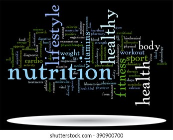 Vector concept or conceptual abstract word cloud on black background as metaphor for health, nutrition, diet, wellness, body, energy, medical, fitness, medical, gym, medicine, sport, heart or science