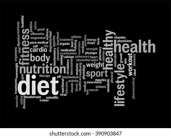 Vector concept or conceptual abstract word cloud on black background as metaphor for health, nutrition, diet, wellness, body, energy, medical, fitness, medical, gym, medicine, sport, heart or science