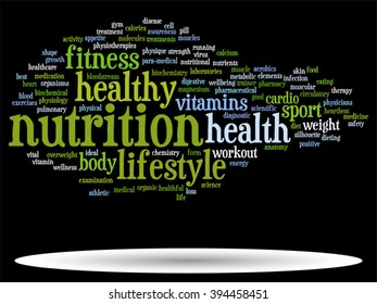 Vector concept or conceptual abstract word cloud on black background as metaphor for health, nutrition, diet, wellness, body, energy, medical, fitness, medical, gym, medicine, sport, heart or science