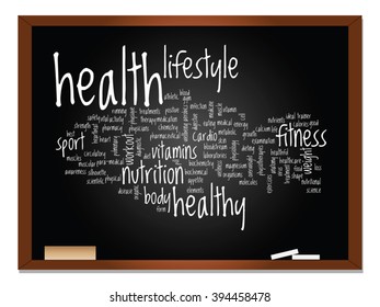 Vector concept or conceptual abstract word cloud on blackboard background, metaphor to health, nutrition, diet, wellness, body, energy, medical, fitness, medical, gym, medicine, sport, heart science
