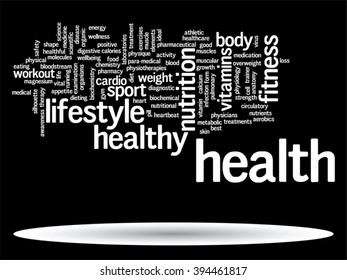 Vector concept or conceptual abstract word cloud on black background as metaphor for health, nutrition, diet, wellness, body, energy, medical, fitness, medical, gym, medicine, sport, heart or science