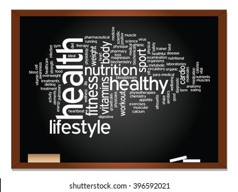 Conceito vetorial ou palavra abstrata conceitual nuvem no fundo de quadro-negro, metáfora para a saúde, nutrição, dieta, bem-estar, corpo, energia, médica, fitness, médica, ginástica, medicina, esporte, ciência do coração