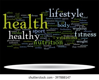 Vector concept or conceptual abstract word cloud on black background as metaphor for health, nutrition, diet, wellness, body, energy, medical, fitness, medical, gym, medicine, sport, heart or science