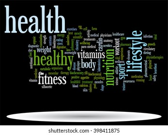 Vector concept or conceptual abstract word cloud on black background as metaphor for health, nutrition, diet, wellness, body, energy, medical, fitness, medical, gym, medicine, sport, heart or science