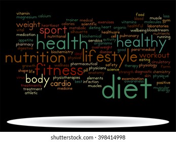Concepto vectorial o nube de palabras abstracta conceptual sobre fondo negro como metáfora para la salud, la nutrición, la dieta, el bienestar, el cuerpo, la energía, la medicina, la aptitud física, la medicina, la medicina, el deporte, el corazón o la ciencia