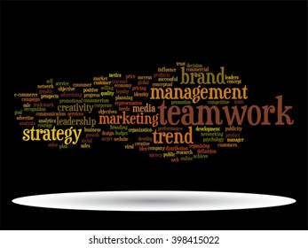 Concepto vectorial o nube conceptual abstracta de palabras sobre fondo negro como metáfora para negocios, tendencias, medios, enfoque, mercado, valor, producto, publicidad o cliente. También para la nube de palabras corporativa