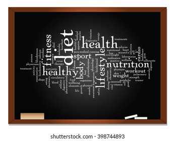 Vector concept or conceptual abstract word cloud on blackboard background, metaphor to health, nutrition, diet, wellness, body, energy, medical, fitness, medical, gym, medicine, sport, heart science