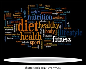 Concepto vectorial o nube de palabras abstracta conceptual sobre fondo negro como metáfora para la salud, la nutrición, la dieta, el bienestar, el cuerpo, la energía, la medicina, la aptitud física, la medicina, la medicina, el deporte, el corazón o la ciencia