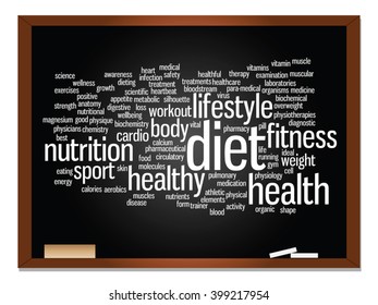 Vector concept or conceptual abstract word cloud on blackboard background, metaphor to health, nutrition, diet, wellness, body, energy, medical, fitness, medical, gym, medicine, sport, heart science