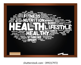 Vector concept or conceptual abstract word cloud on blackboard background, metaphor to health, nutrition, diet, wellness, body, energy, medical, fitness, medical, gym, medicine, sport, heart science
