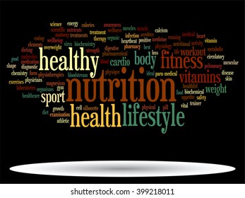 Concepto vectorial o nube de palabras abstracta conceptual sobre fondo negro como metáfora para la salud, la nutrición, la dieta, el bienestar, el cuerpo, la energía, la medicina, la aptitud física, la medicina, la medicina, el deporte, el corazón o la ciencia