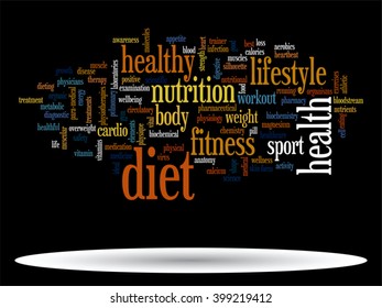 Vector concept or conceptual abstract word cloud on black background as metaphor for health, nutrition, diet, wellness, body, energy, medical, fitness, medical, gym, medicine, sport, heart or science
