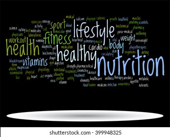 Vector concept or conceptual abstract word cloud on black background as metaphor for health, nutrition, diet, wellness, body, energy, medical, fitness, medical, gym, medicine, sport, heart or science