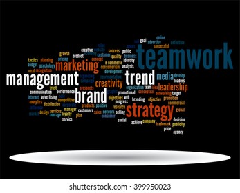 Vector concept or conceptual abstract word cloud on black background as metaphor for business, trend, media, focus, market, value, product, advertising or customer. Also for corporate wordcloud
