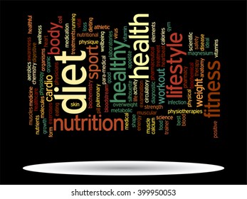 Vector concept or conceptual abstract word cloud on black background as metaphor for health, nutrition, diet, wellness, body, energy, medical, fitness, medical, gym, medicine, sport, heart or science