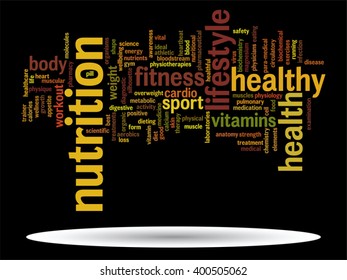 Vector concept or conceptual abstract word cloud on black background as metaphor for health, nutrition, diet, wellness, body, energy, medical, fitness, medical, gym, medicine, sport, heart or science