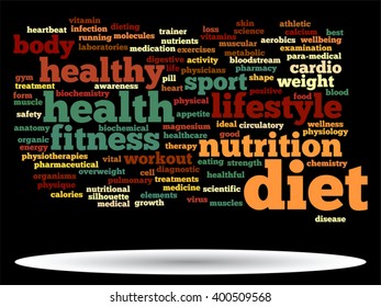 Vector concept or conceptual abstract word cloud on black background as metaphor for health, nutrition, diet, wellness, body, energy, medical, fitness, medical, gym, medicine, sport, heart or science
