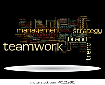 Vector concept or conceptual abstract word cloud on black background as metaphor for business, trend, media, focus, market, value, product, advertising or customer. Also for corporate wordcloud
