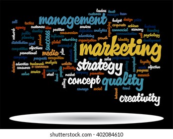 Vector concept or conceptual abstract word cloud on black background as metaphor for business, trend, media, focus, market, value, product, advertising or customer. Also for corporate wordcloud