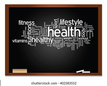 Vector concept or conceptual abstract word cloud on blackboard background, metaphor to health, nutrition, diet, wellness, body, energy, medical, fitness, medical, gym, medicine, sport, heart science