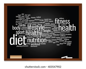 Vector concept or conceptual abstract word cloud on blackboard background, metaphor to health, nutrition, diet, wellness, body, energy, medical, fitness, medical, gym, medicine, sport, heart science