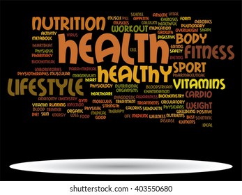 Vector concept or conceptual abstract word cloud on black background as metaphor for health, nutrition, diet, wellness, body, energy, medical, fitness, medical, gym, medicine, sport, heart or science