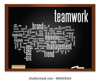 Vector concept or conceptual abstract word cloud on blackboard background as metaphor for business, trend, media, focus, market, value, product, advertising or customer. Also for corporate wordcloud
