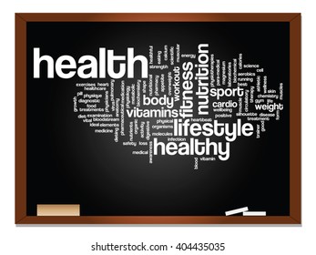 Vector concept or conceptual abstract word cloud on blackboard background, metaphor to health, nutrition, diet, wellness, body, energy, medical, fitness, medical, gym, medicine, sport, heart science