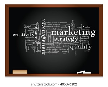 Vector concept or conceptual abstract word cloud on blackboard background as metaphor for business, trend, media, focus, market, value, product, advertising or customer. Also for corporate wordcloud