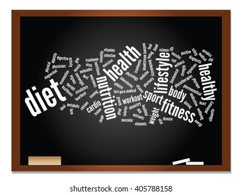 Vector concept or conceptual abstract word cloud on blackboard background, metaphor to health, nutrition, diet, wellness, body, energy, medical, fitness, medical, gym, medicine, sport, heart science