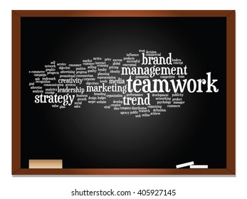 Vector concept or conceptual abstract word cloud on blackboard background as metaphor for business, trend, media, focus, market, value, product, advertising or customer. Also for corporate wordcloud