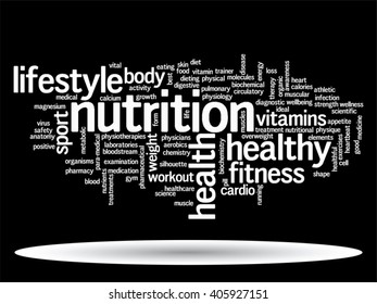 Vector concept or conceptual abstract word cloud on black background as metaphor for health, nutrition, diet, wellness, body, energy, medical, fitness, medical, gym, medicine, sport, heart or science
