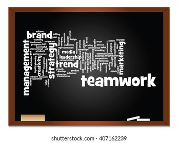 Vector concept or conceptual abstract word cloud on blackboard background as metaphor for business, trend, media, focus, market, value, product, advertising or customer. Also for corporate wordcloud