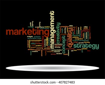 Concepto vectorial o nube conceptual abstracta de palabras sobre fondo negro como metáfora para negocios, tendencias, medios, enfoque, mercado, valor, producto, publicidad o cliente. También para la nube de palabras corporativa