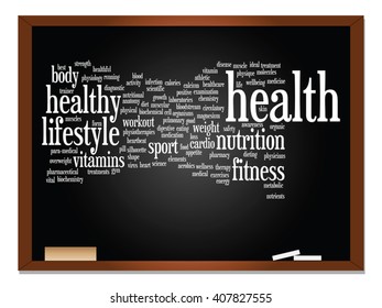 Vector concept or conceptual abstract word cloud on blackboard background, metaphor to health, nutrition, diet, wellness, body, energy, medical, fitness, medical, gym, medicine, sport, heart science