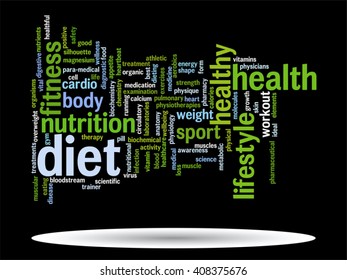 Vector concept or conceptual abstract word cloud on black background as metaphor for health, nutrition, diet, wellness, body, energy, medical, fitness, medical, gym, medicine, sport, heart or science