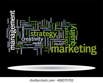 Vektorkonzept oder konzeptuell abstrakte Wortwolke auf schwarzem Hintergrund als Metapher für Unternehmen, Trends, Medien, Fokus, Markt, Wert, Produkt, Werbung oder Kunden. Auch für Corporate WordCloud