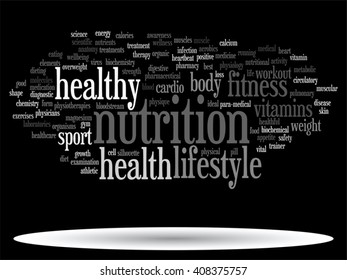 Vector concept or conceptual abstract word cloud on black background as metaphor for health, nutrition, diet, wellness, body, energy, medical, fitness, medical, gym, medicine, sport, heart or science